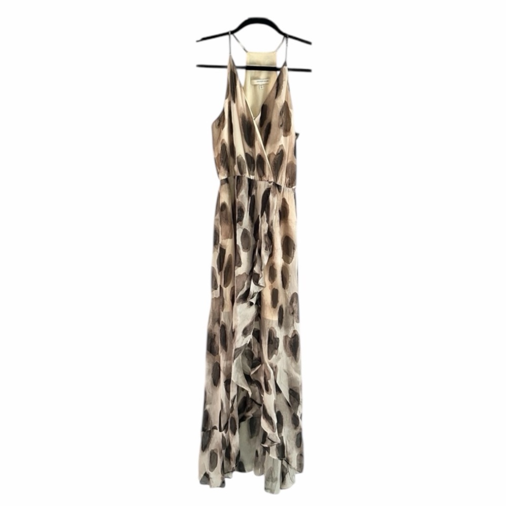 Lavender Brown Animal Print Ruffled Maxi Dress W/Crossover Front Woman’s XS